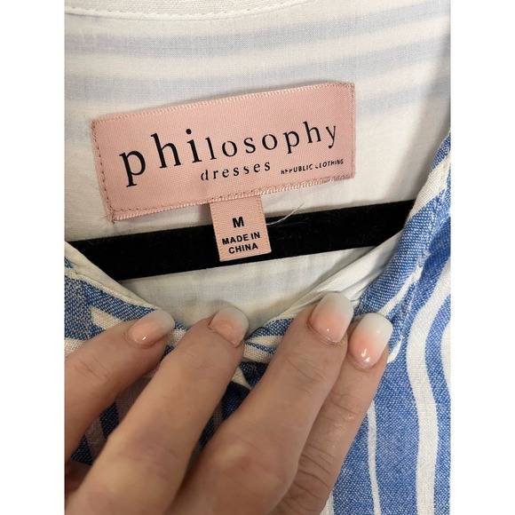 Philosophy Linen Dress with Belt, Blue & White Stripes, Medium - Picture 3 of 8